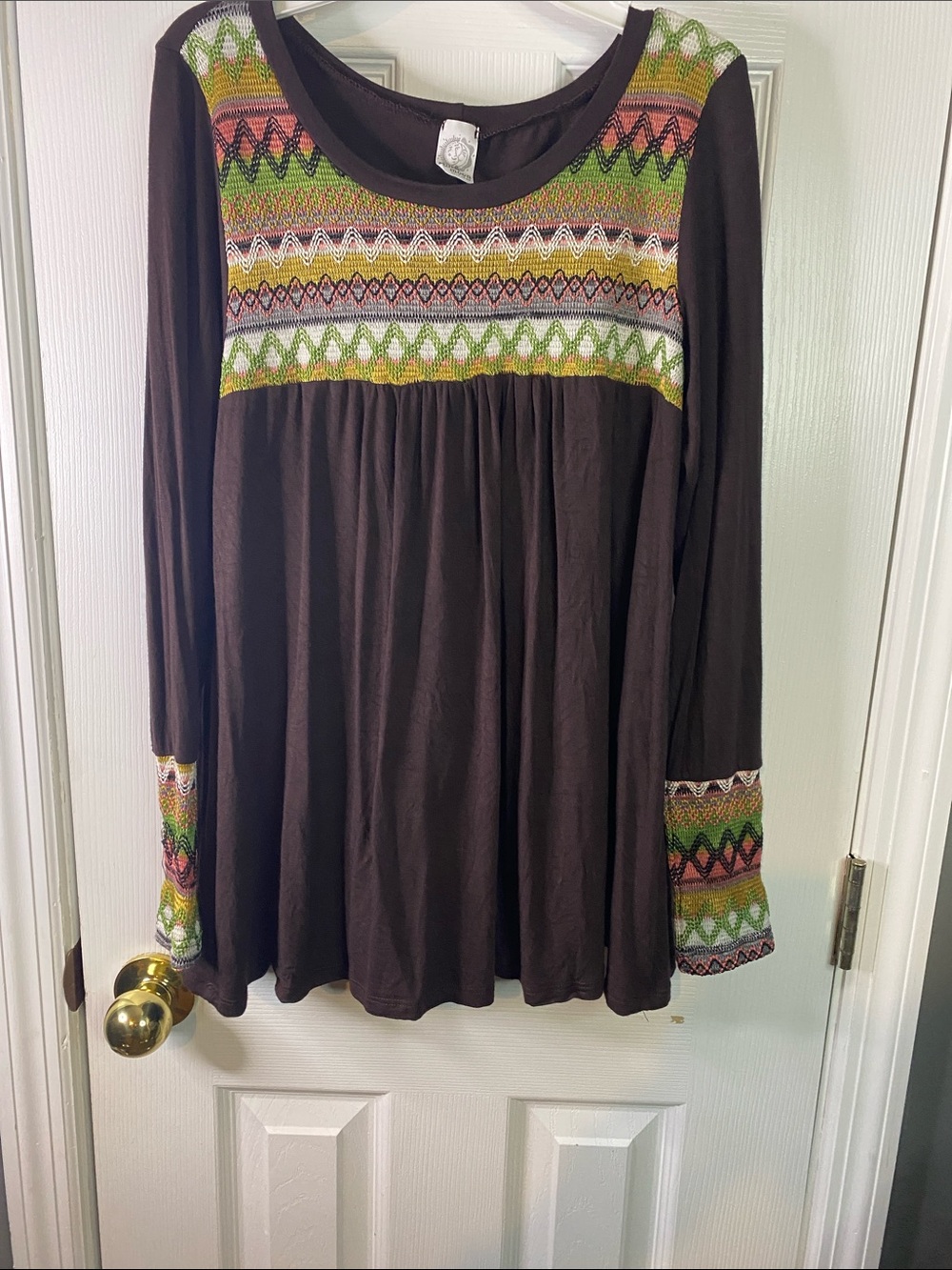 Sun n Moon Brown Long-Sleeve Top with Multicolor Embroidered Yoke Size Medium.